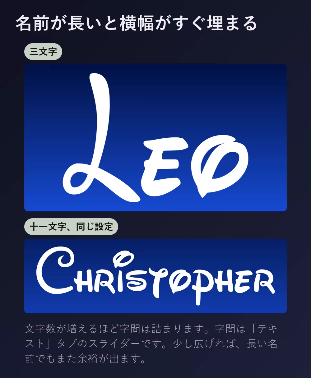 同じ白い署名体で、三文字の名前と十一文字の名前。長いほうは明らかに詰まっている