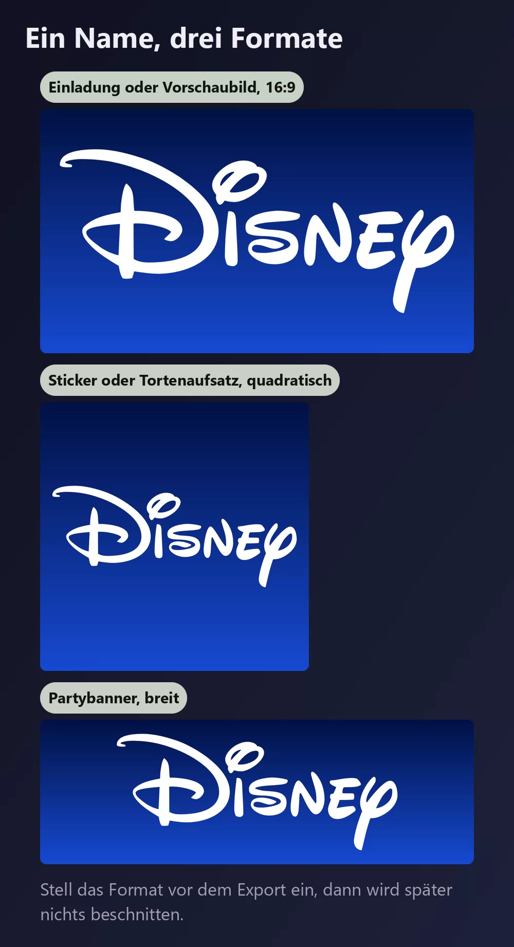 Derselbe Name dreimal exportiert: eine breite Einladung im 16-zu-9-Format, ein quadratischer Sticker oder Tortenaufsatz und ein breites, schmales Partybanner