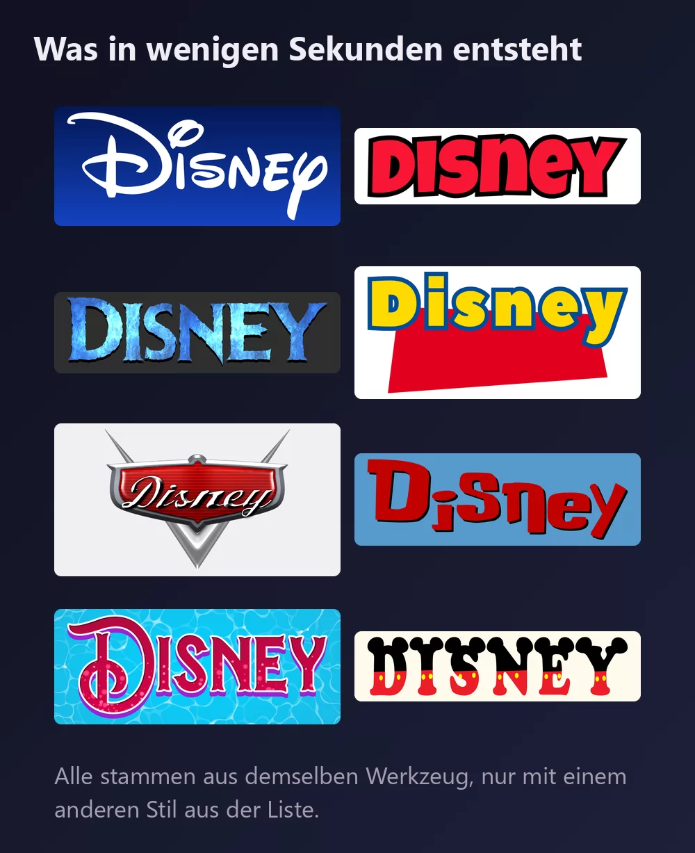 Acht Versionen des Wortes Disney in Disney-Schriften: die weiße Signaturschrift auf Blau, fette rote Micky-Versalien, eisblaue Frozen-Buchstaben, gelbe Toy-Story-Buchstaben auf einem roten Block, ein verchromtes Cars-Emblem, handgezeichnete rote Stitch-Buchstaben, ein verzierter violetter Arielle-Titel über Wasser, und Buchstaben mit Mickys Ohren und roter Hose