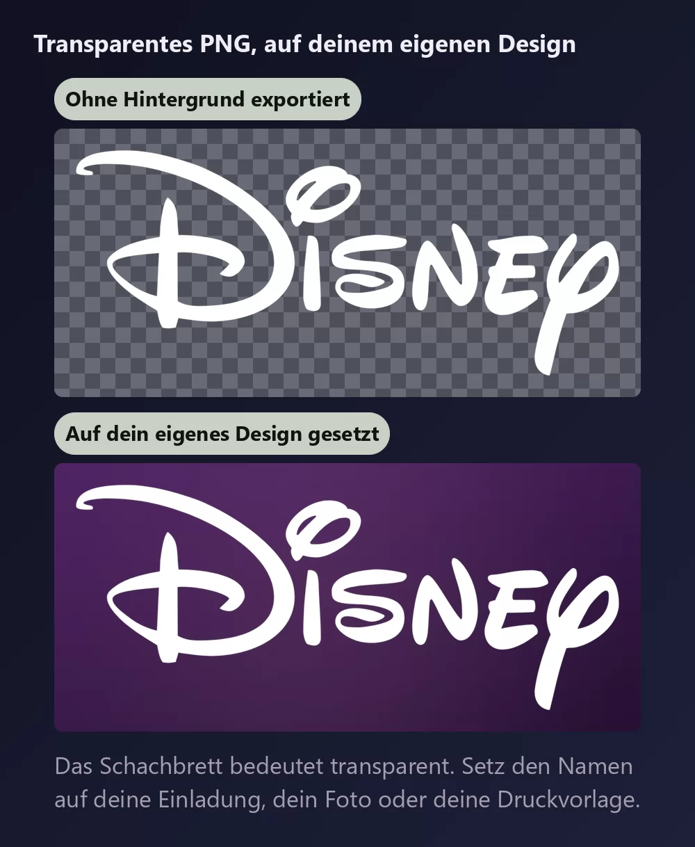 Derselbe Signaturschriftzug zweimal gezeigt, zuerst auf einem Schachbrett für transparenten Hintergrund, dann auf einem tiefen Pflaumenhintergrund
