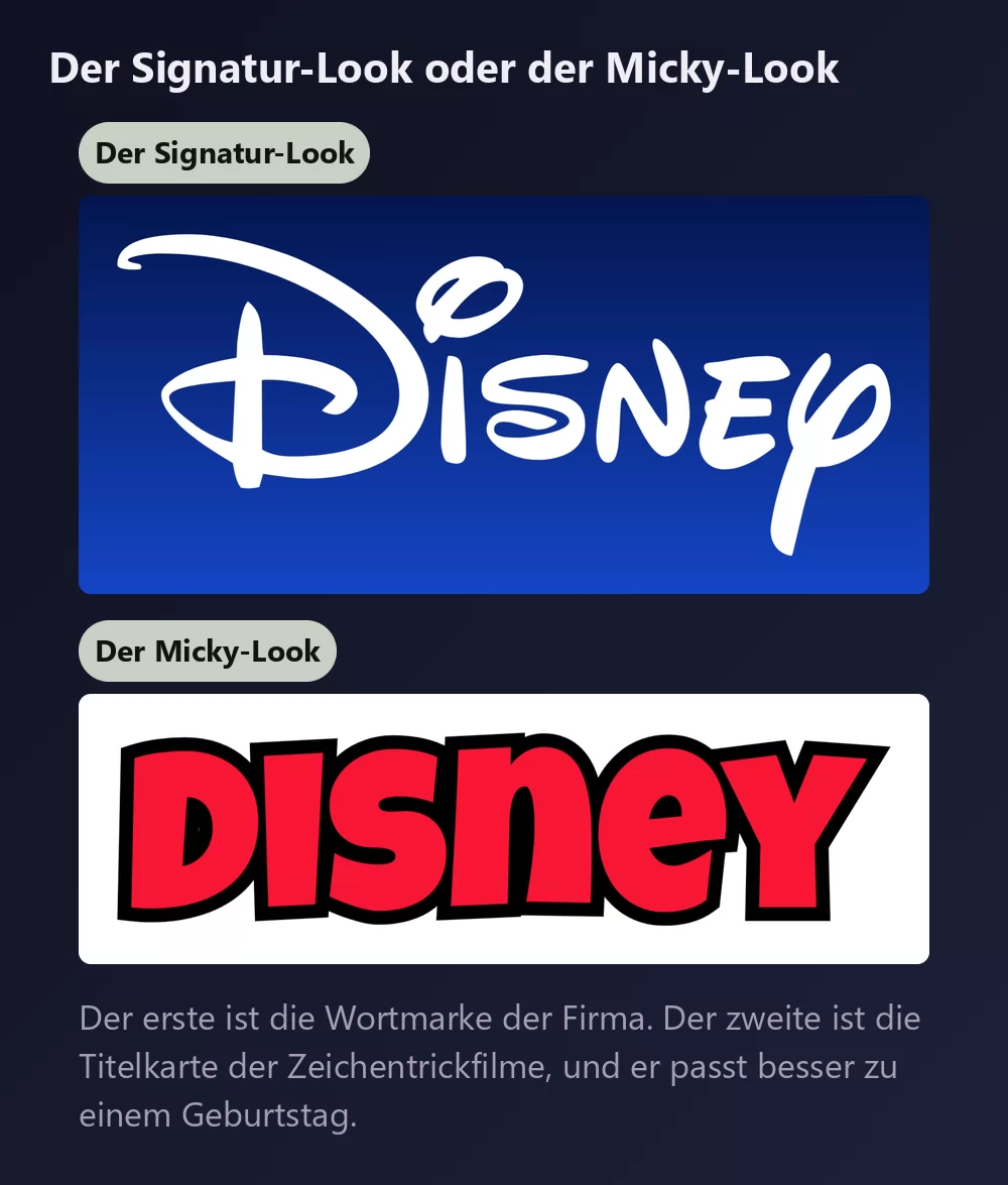 Derselbe Name zweimal gezeigt, zuerst in der fließenden weißen Signaturschrift auf Königsblau, dann in fetten roten Versalien mit schwarzer Kontur