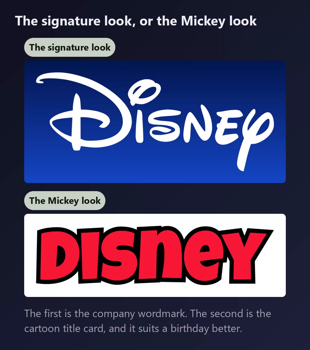 The same name shown twice, first in the flowing white signature script on royal blue, then in chunky red capitals with a black outline