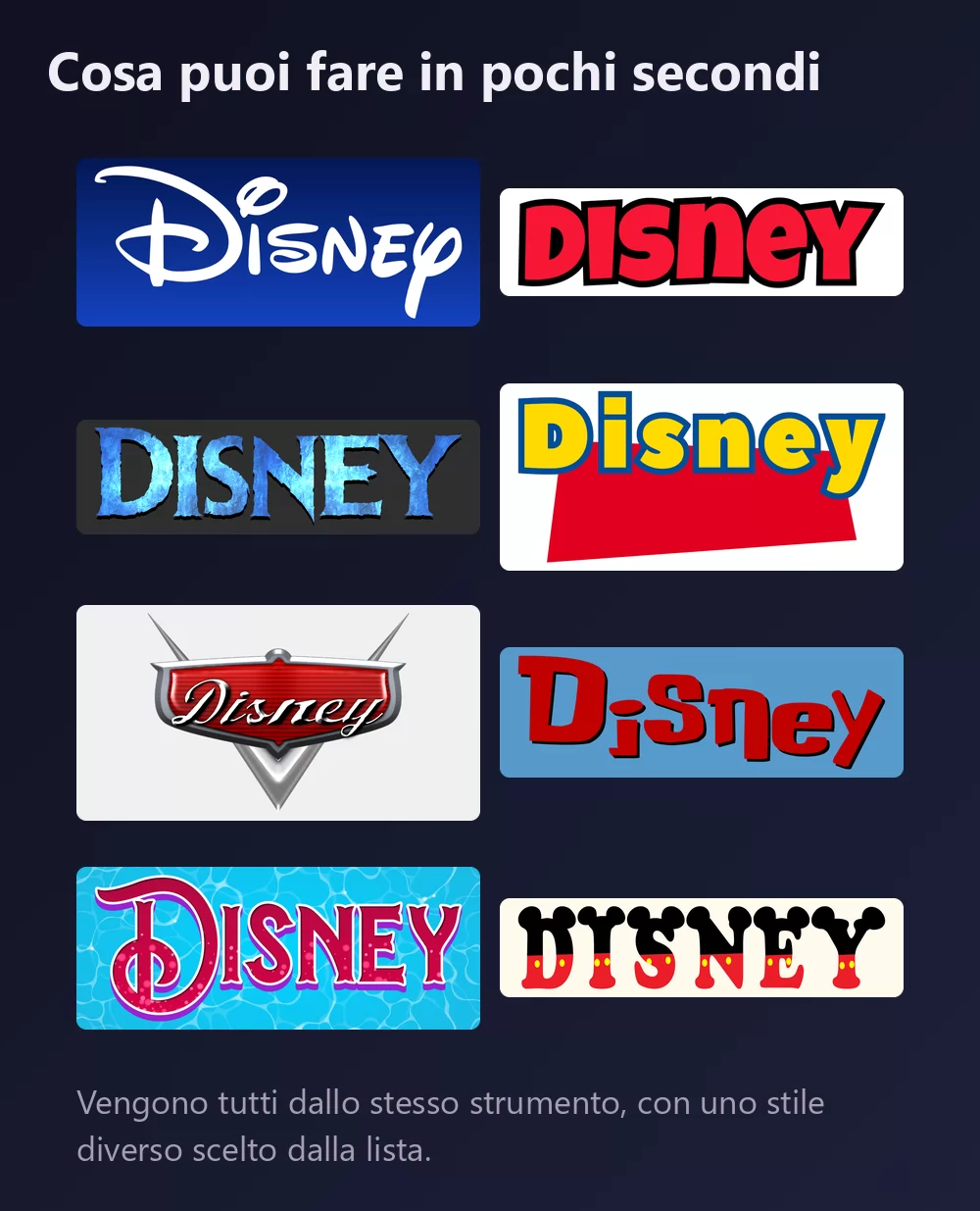 Otto versioni della parola Disney in lettere Disney: il corsivo firma bianco su blu, le maiuscole rosse spesse di Topolino, lettere azzurro ghiaccio di Frozen, lettere gialle di Toy Story su un blocco rosso, uno stemma cromato di Cars, lettere rosse disegnate a mano di Stitch, un titolo viola ornato della Sirenetta sull'acqua, e lettere con le orecchie e i pantaloncini rossi di Topolino