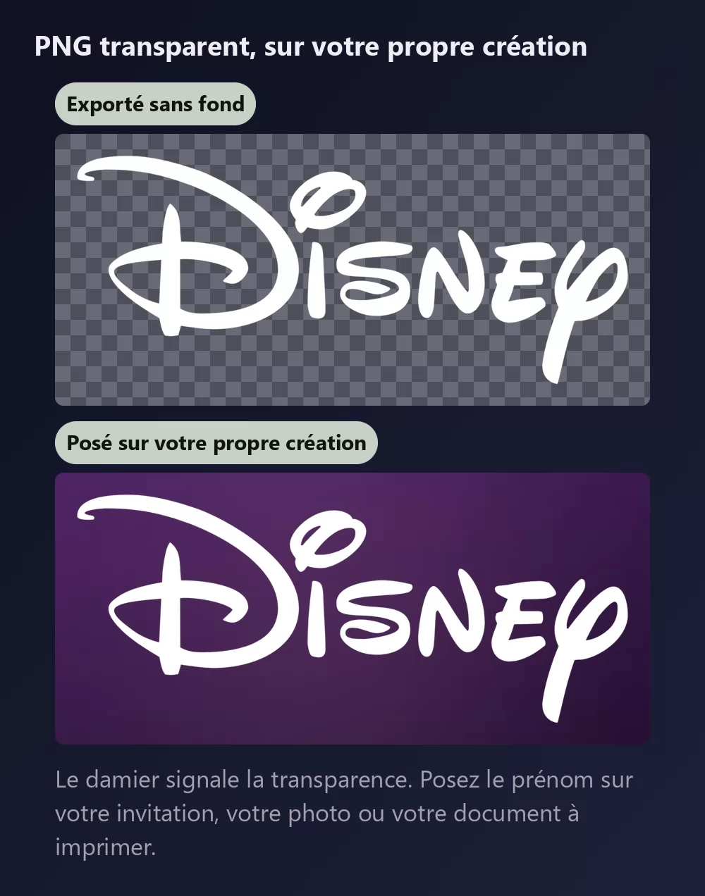 Le même lettrage signature montré deux fois, d'abord sur un damier signalant un fond transparent, puis posé sur un fond prune profond