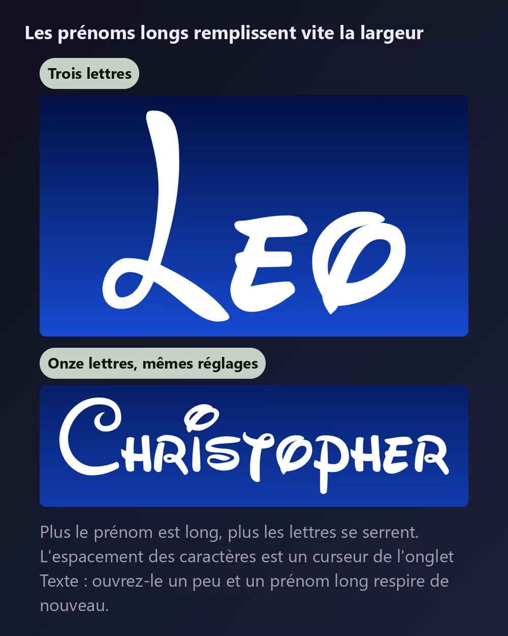 Un prénom de trois lettres et un de onze lettres dans la même écriture signature blanche, le plus long nettement plus serré