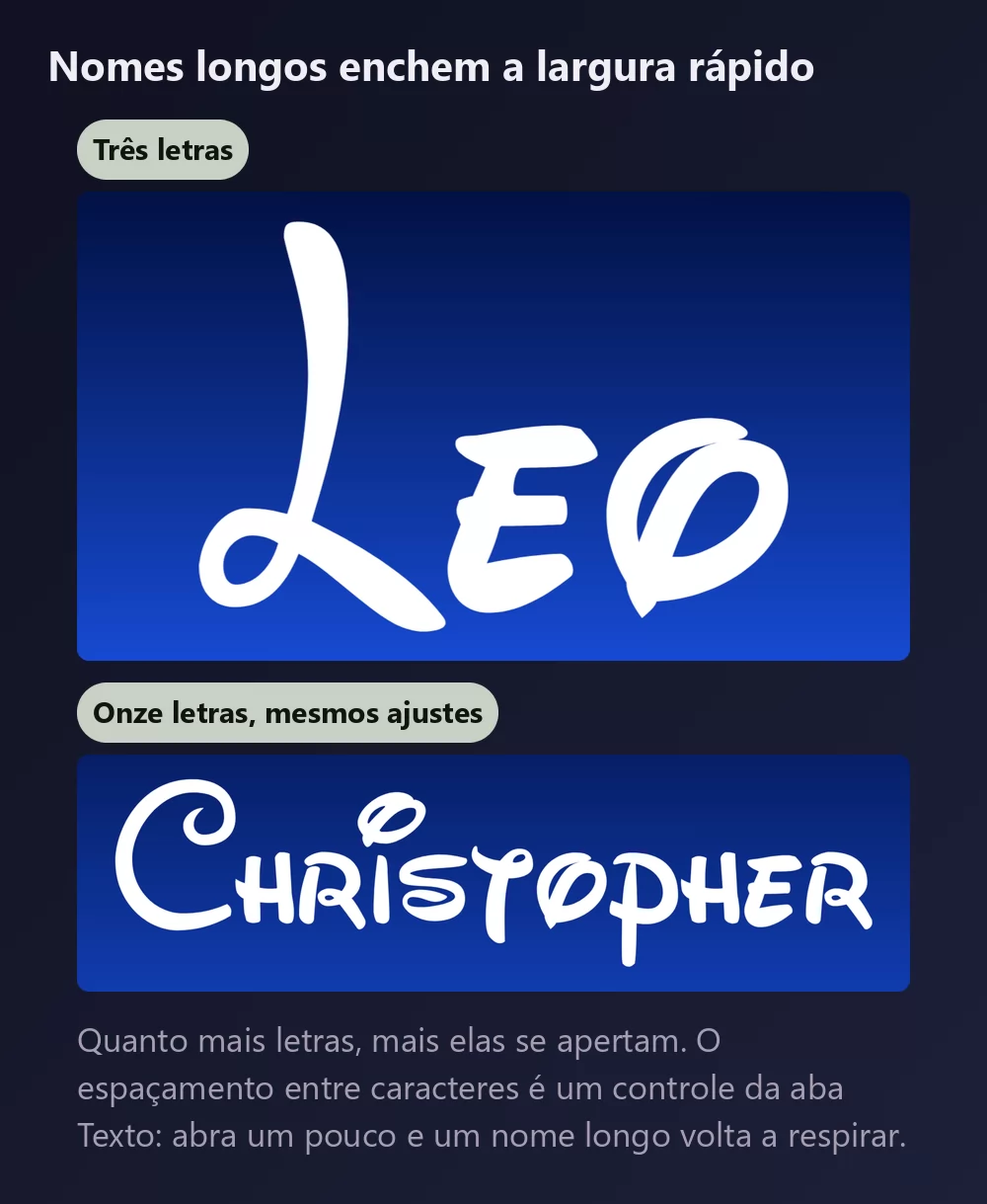 Um nome de três letras e outro de onze na mesma letra assinatura branca, o mais longo visivelmente mais apertado