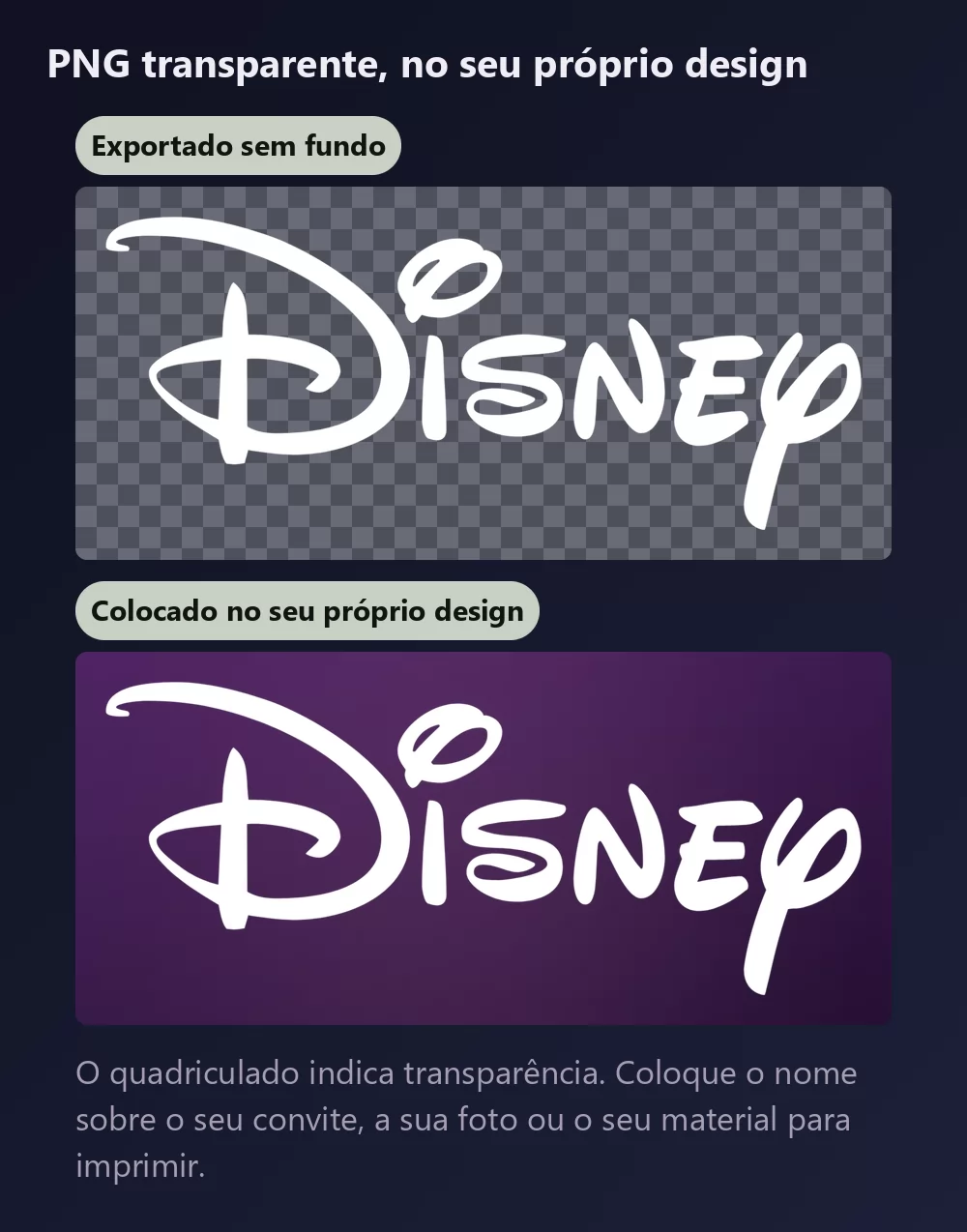 As mesmas letras assinatura mostradas duas vezes, primeiro sobre um quadriculado que indica fundo transparente, depois colocadas sobre um fundo ameixa escuro