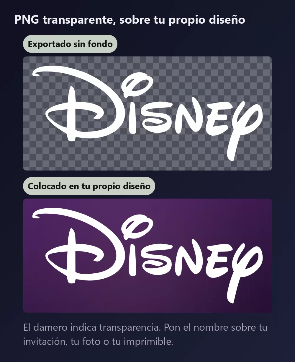 Las mismas letras firma mostradas dos veces, primero sobre un damero que indica fondo transparente, luego colocadas sobre un fondo ciruela oscuro