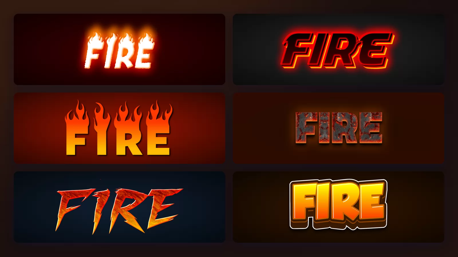 The word Fire in six fire lettering styles: white letters under real flames, dark letters ringed by a burning red glow, solid letters with flame tips rising from them, cracked lava with molten glow in the fissures, slashed jagged letters, and a friendly orange cartoon