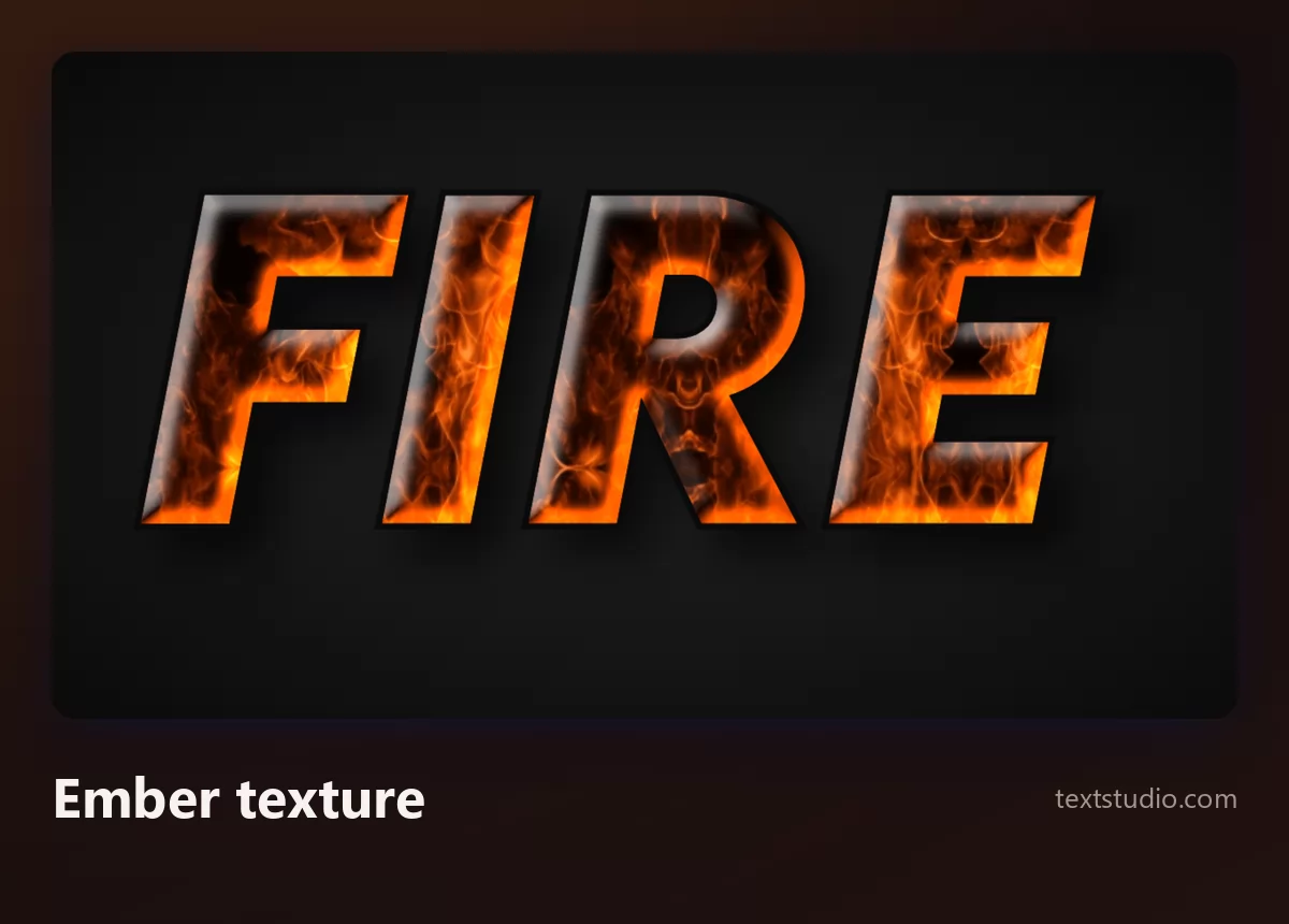 The word Fire in italic letters filled with a photographic burning ember texture, orange sparks and dark charring inside each character