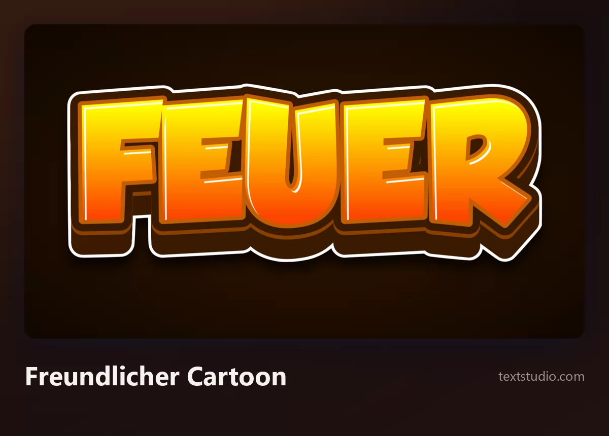Das Wort FEUER im freundlichen Cartoon-Stil, Buchstaben mit warmem orangem Verlauf in einem dicken braun-weißen Umriss mit wuchtigem dreidimensionalem Sockel