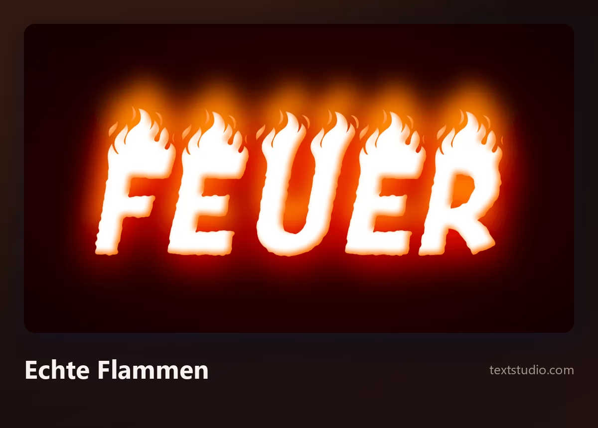 Das Wort FEUER in weißen Buchstaben, über denen realistische orange Flammen aufsteigen, mit einem weichen warmen Schein, der sich auf dunklem Grund rundherum ausbreitet