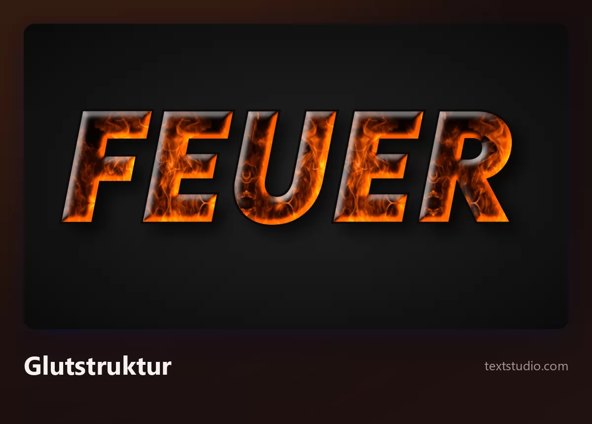 Das Wort FEUER in kursiven Buchstaben, gefüllt mit einer fotografischen Glutstruktur, orangen Funken und dunkler Verkohlung in jedem Zeichen