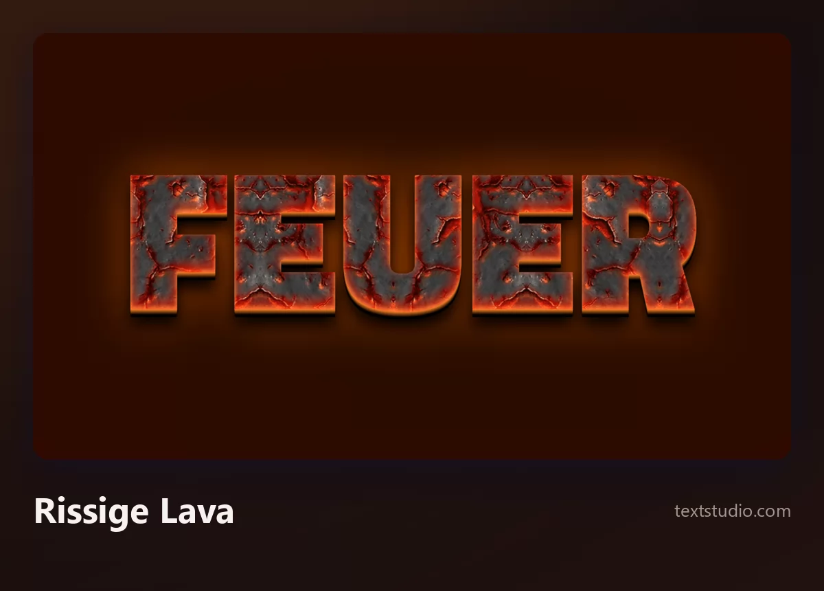 Das Wort FEUER in verkohlten dunkelgrauen Buchstaben, von Rissen durchzogen, aus deren Spalten geschmolzene orange Lava von innen herausglüht