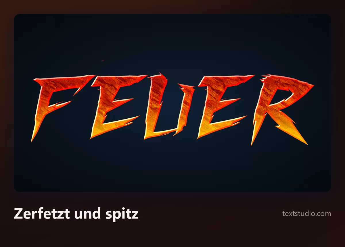 Das Wort FEUER in zerfetzten Buchstabenformen mit scharfen Splittern, durch deren Lücken Feuer scheint, aggressiv nach vorn geneigt