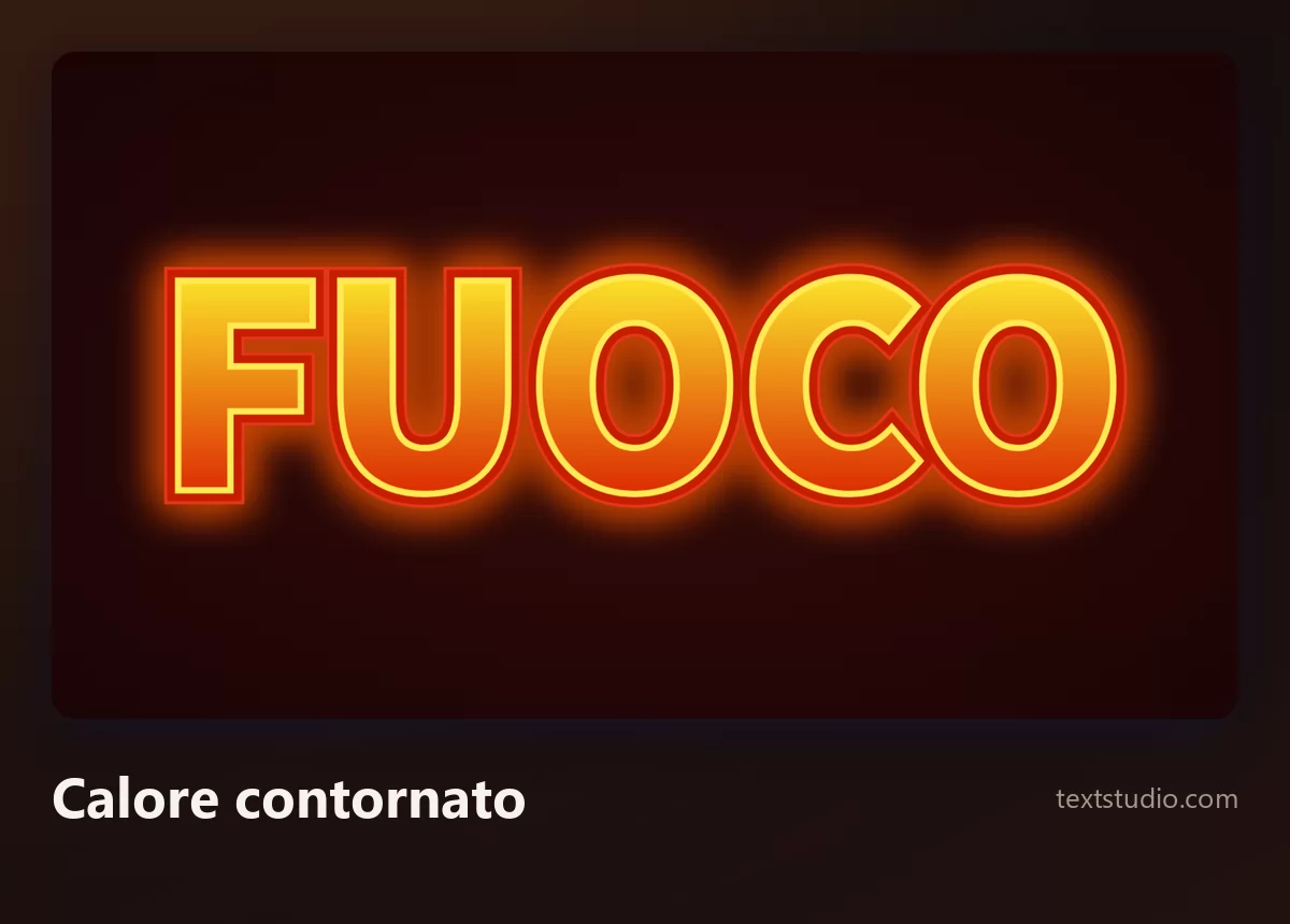 La parola Fuoco in lettere arancioni piene con un contorno giallo brillante e un bagliore caldo che si irradia dietro