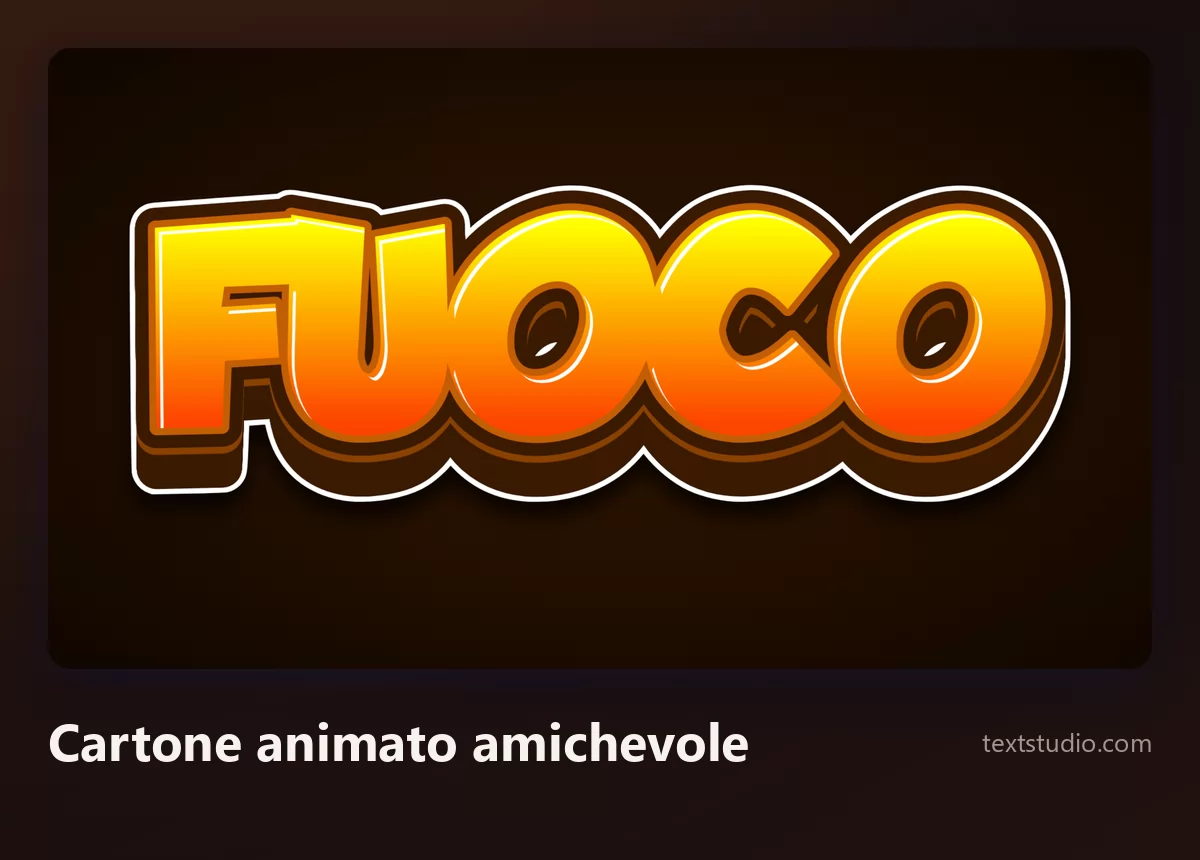 La parola Fuoco in stile cartone animato amichevole, lettere con gradiente arancione caldo dentro un contorno spesso marrone e bianco con una base tridimensionale massiccia