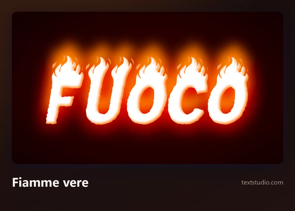 La parola Fuoco in lettere bianche con fiamme arancioni realistiche che salgono oltre la cima e un morbido bagliore caldo che si diffonde attorno su sfondo scuro