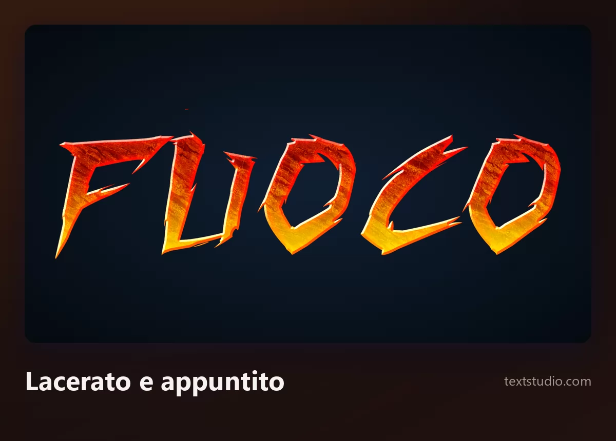 La parola Fuoco in lettere lacerate e frastagliate con schegge affilate e il fuoco che si intravede tra le fenditure, inclinate in avanti in modo aggressivo