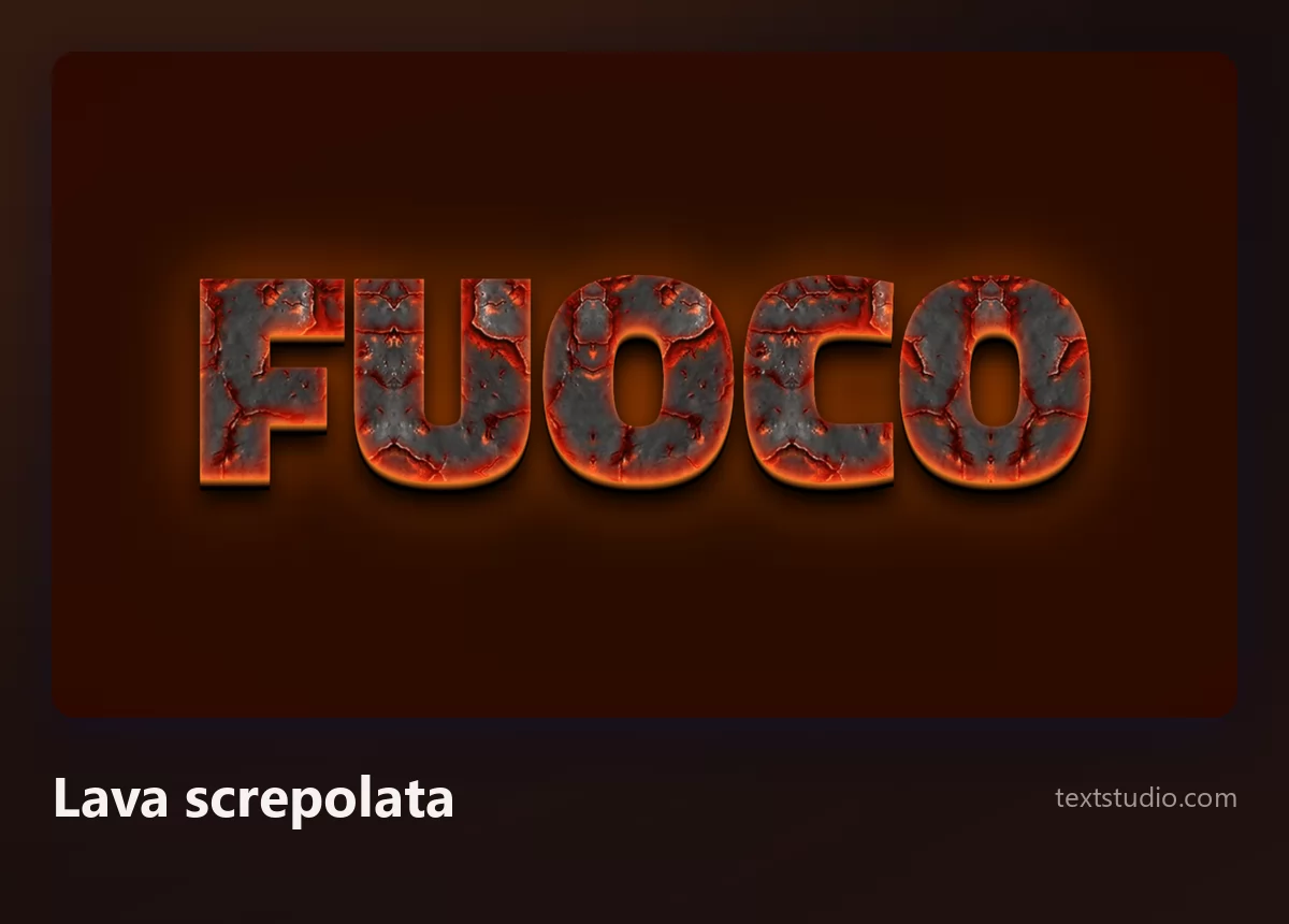 La parola Fuoco in lettere grigio scuro carbonizzate spaccate da crepe con lava fusa arancione che brilla dall'interno delle fessure