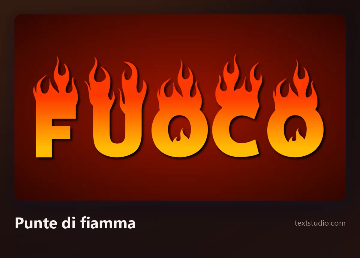 La parola Fuoco in lettere piene con gradiente dall'arancione al giallo e forme di fiamma grafiche affilate che salgono dalla cima di ogni carattere
