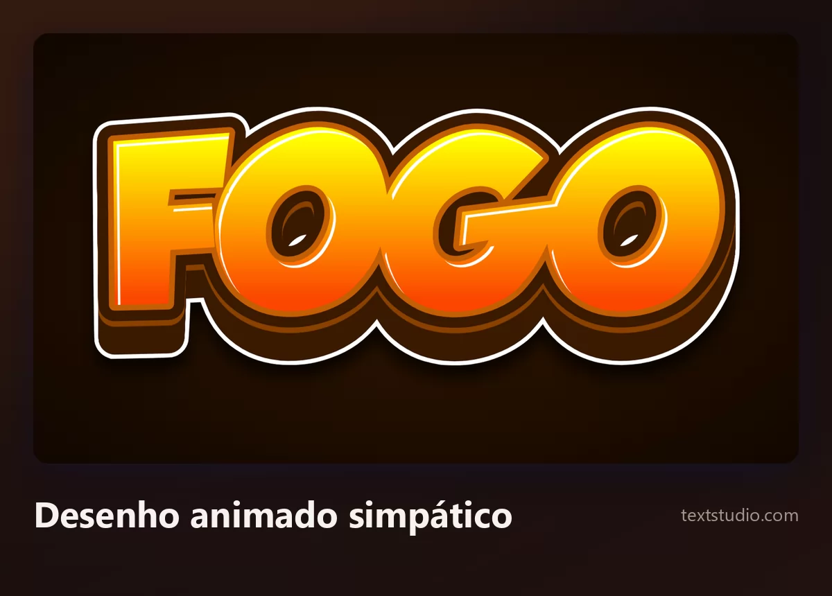 A palavra Fogo num estilo de desenho animado simpático, letras com gradiente laranja quente dentro de um contorno grosso marrom e branco, com uma base tridimensional robusta