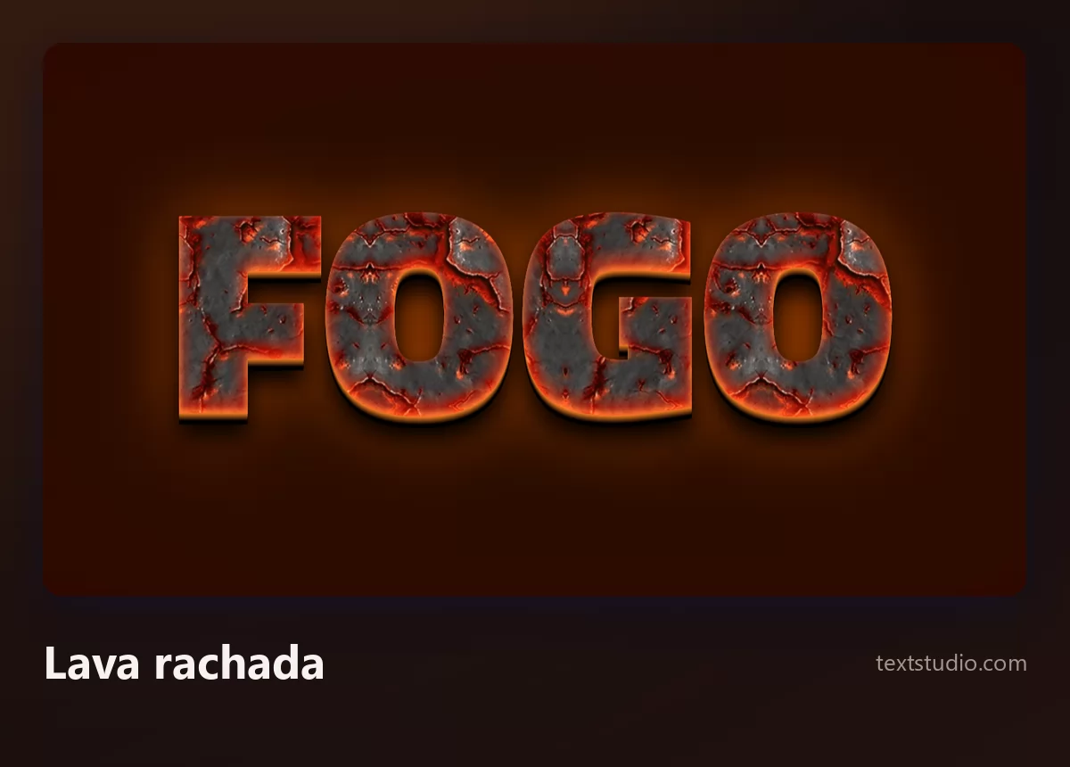 A palavra Fogo em letras cinza-escuras carbonizadas partidas por rachaduras, com lava laranja derretida brilhando de dentro das fendas