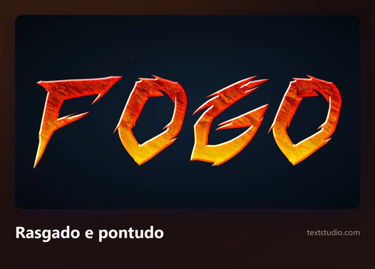 A palavra Fogo em letras rasgadas e irregulares, com estilhaços afiados e fogo aparecendo pelas frestas, inclinadas para a frente de forma agressiva