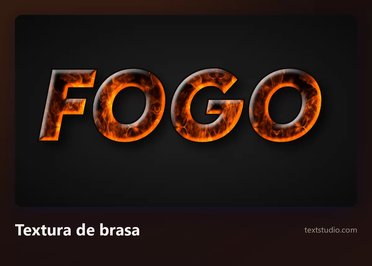 A palavra Fogo em letras itálicas preenchidas com uma textura fotográfica de brasas ardentes, faíscas laranja e carvão escuro dentro de cada caractere