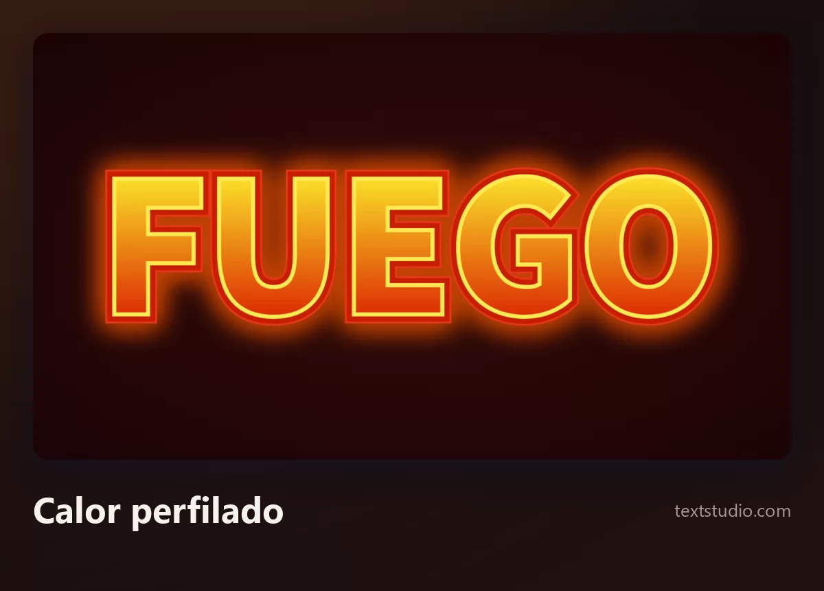 La palabra Fuego en letras naranjas macizas con un contorno amarillo brillante y un resplandor cálido irradiando por detrás