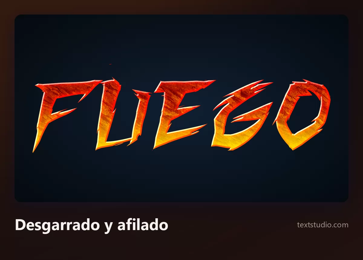 La palabra Fuego en formas de letra desgarradas y dentadas, con esquirlas afiladas y fuego asomando por los huecos, inclinadas hacia delante de forma agresiva