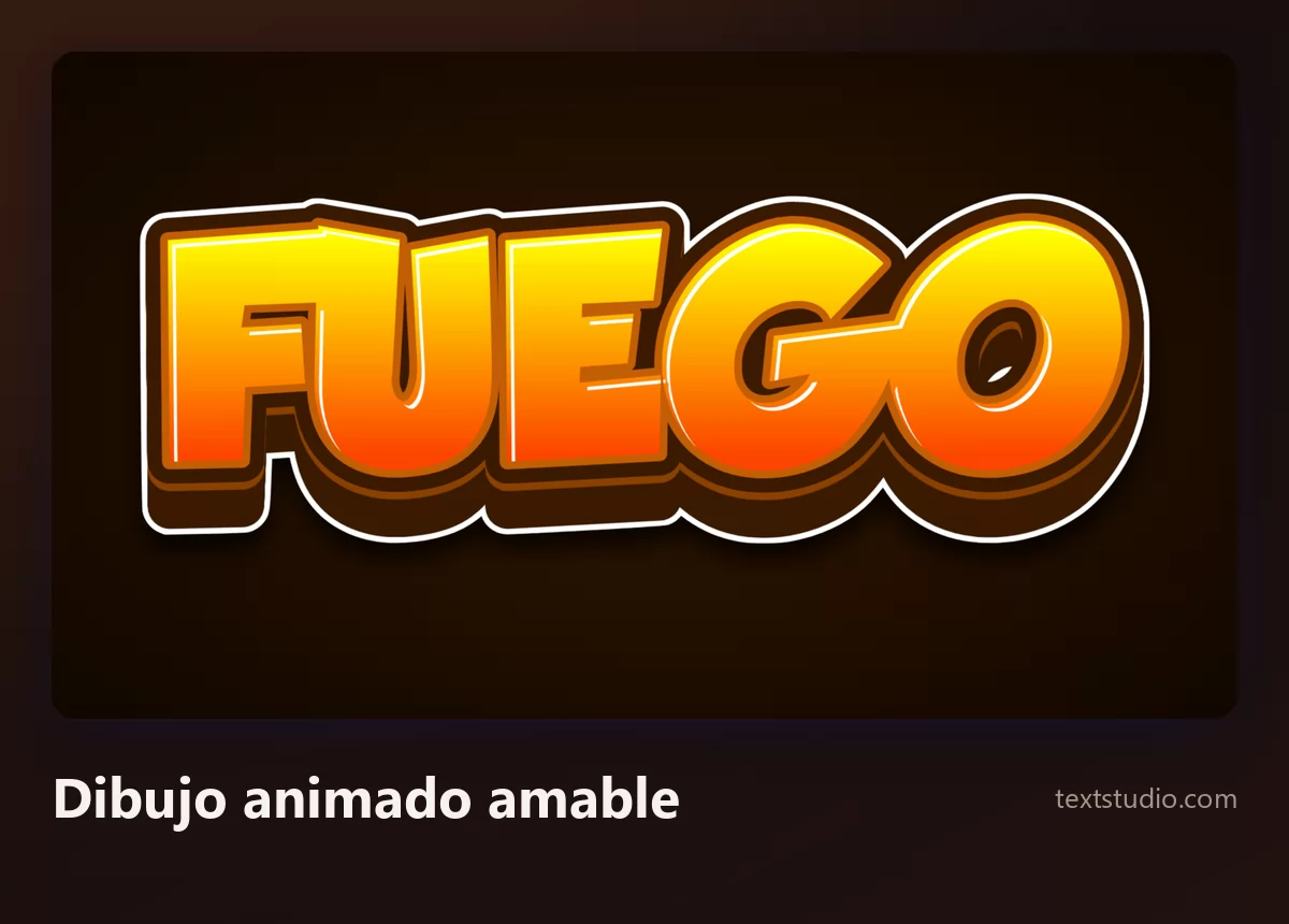 La palabra Fuego en un estilo de dibujo animado amable, letras con degradado naranja cálido dentro de un contorno grueso marrón y blanco y una base tridimensional maciza