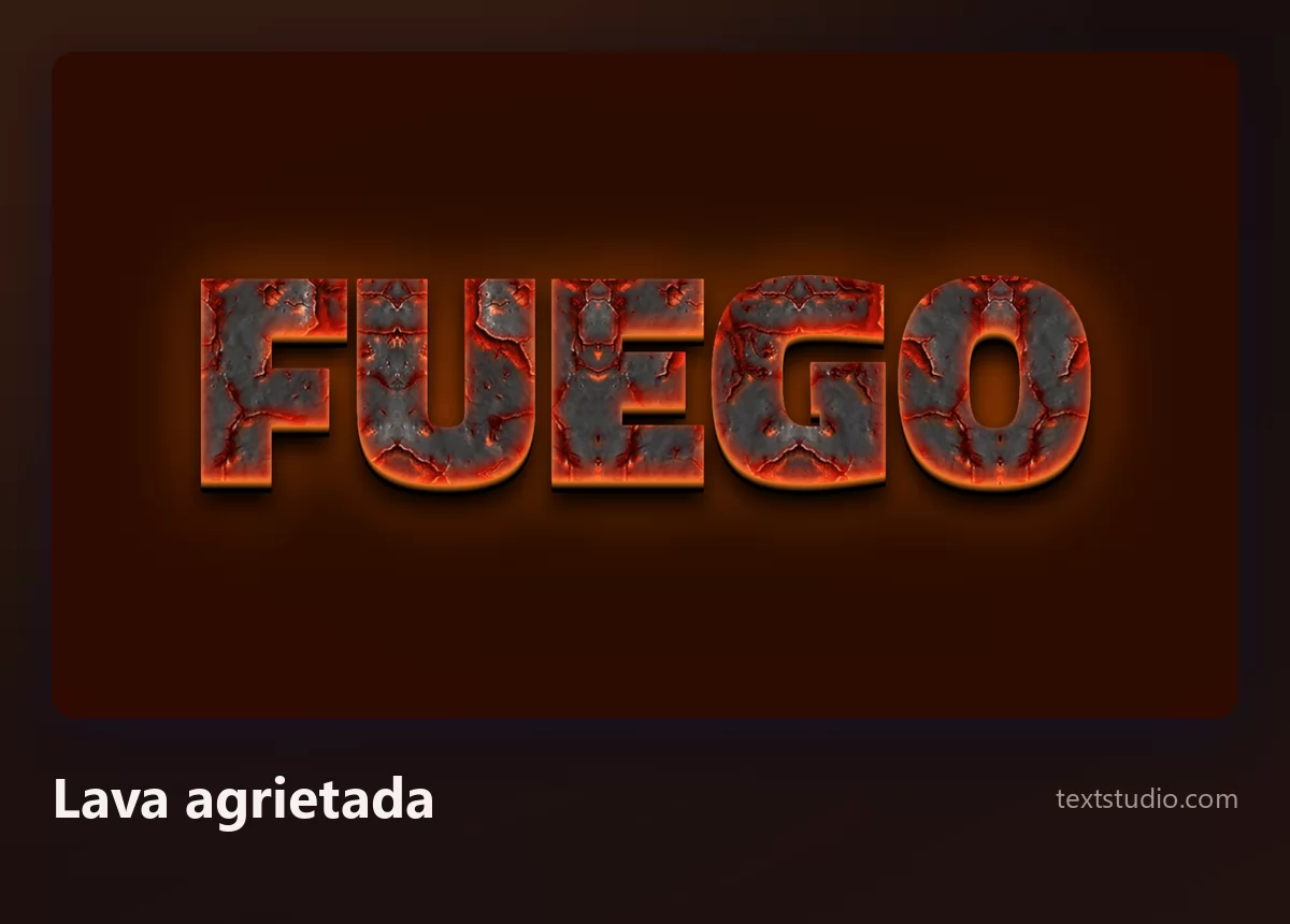 La palabra Fuego en letras de un gris oscuro calcinado partidas por grietas con lava naranja fundida brillando desde el interior de las fisuras