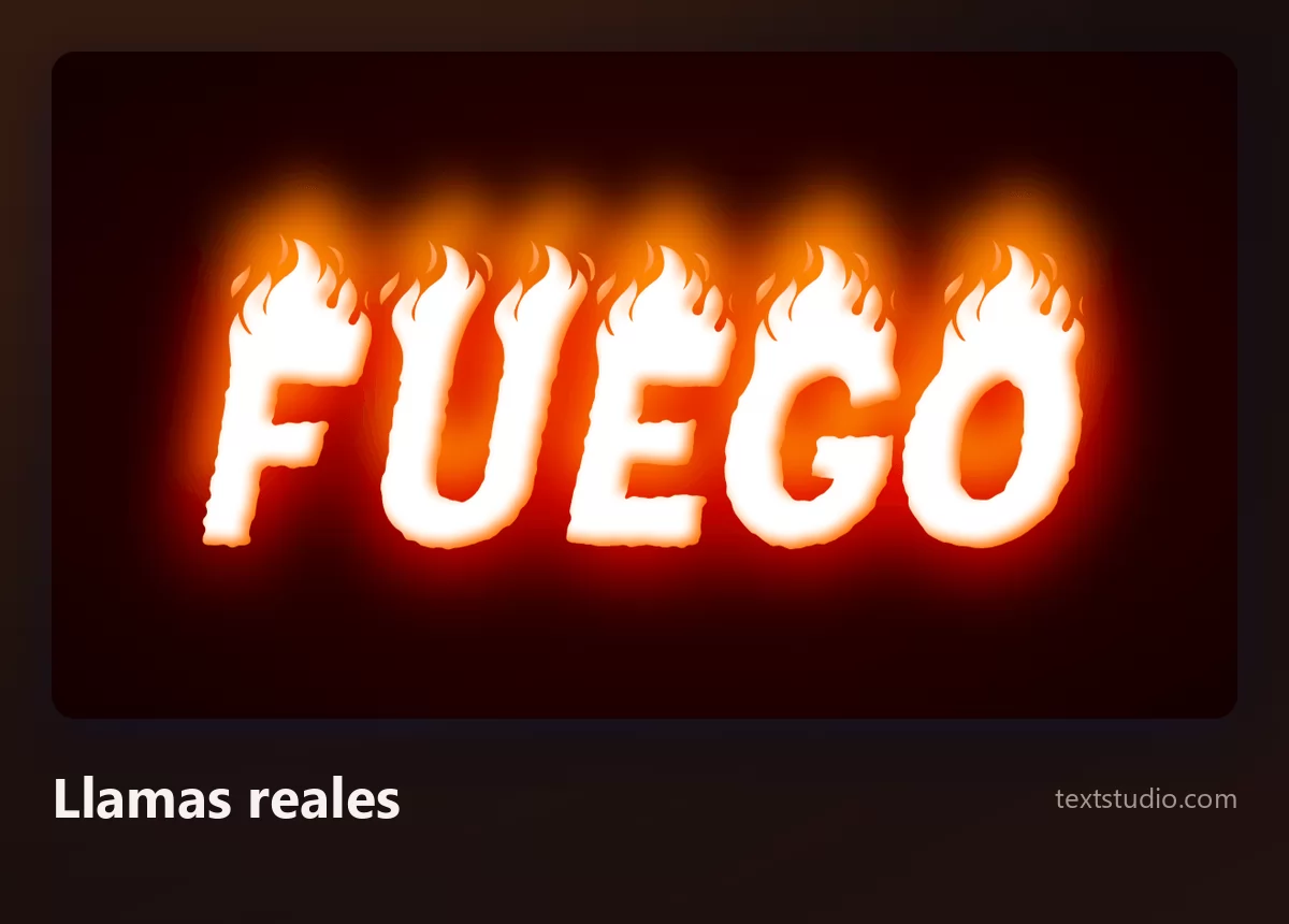 La palabra Fuego en letras blancas con llamas naranjas realistas subiendo por encima y un resplandor cálido y suave extendiéndose a su alrededor sobre un fondo oscuro