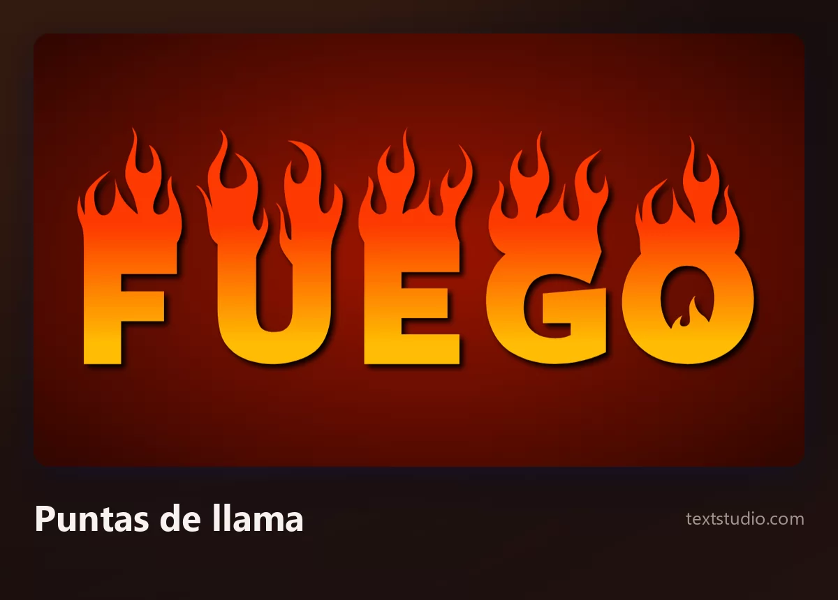 La palabra Fuego en letras macizas con degradado de naranja a amarillo y formas de llama gráficas y afiladas saliendo de la parte superior de cada carácter