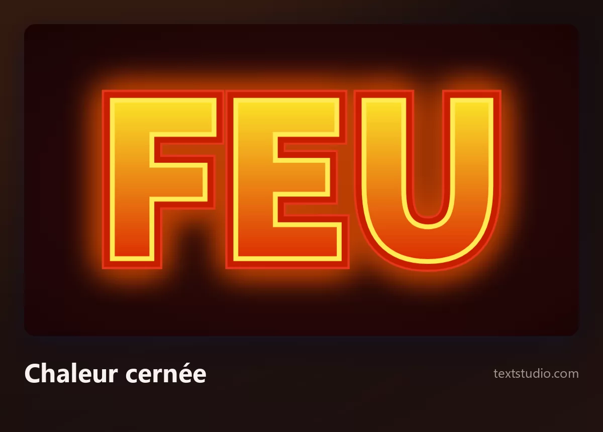Le mot Feu en lettres orange pleines avec un contour jaune vif et une lueur chaude qui rayonne derrière elles