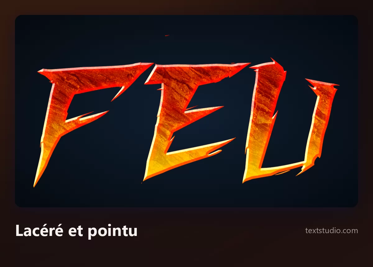Le mot Feu en lettres déchirées et pointues, avec des éclats acérés et du feu visible dans les interstices, penchées agressivement vers l'avant