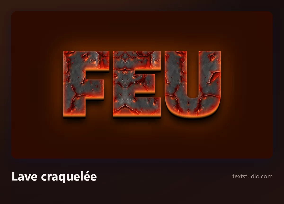 Le mot Feu en lettres gris foncé carbonisées, fendues par des craquelures d'où rayonne une lave orange en fusion