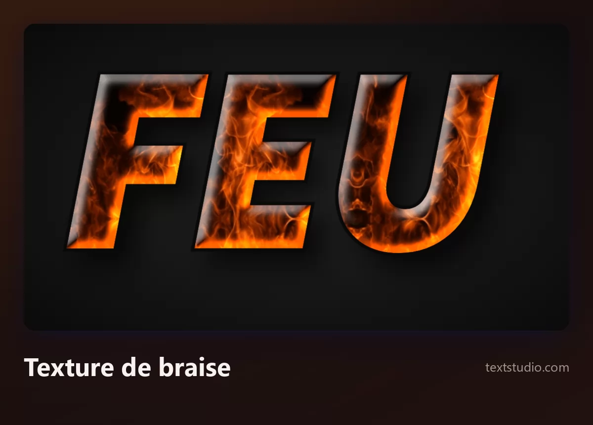 Le mot Feu en lettres italiques remplies d'une texture photographique de braises incandescentes, avec des étincelles orange et des zones carbonisées sombres dans chaque caractère