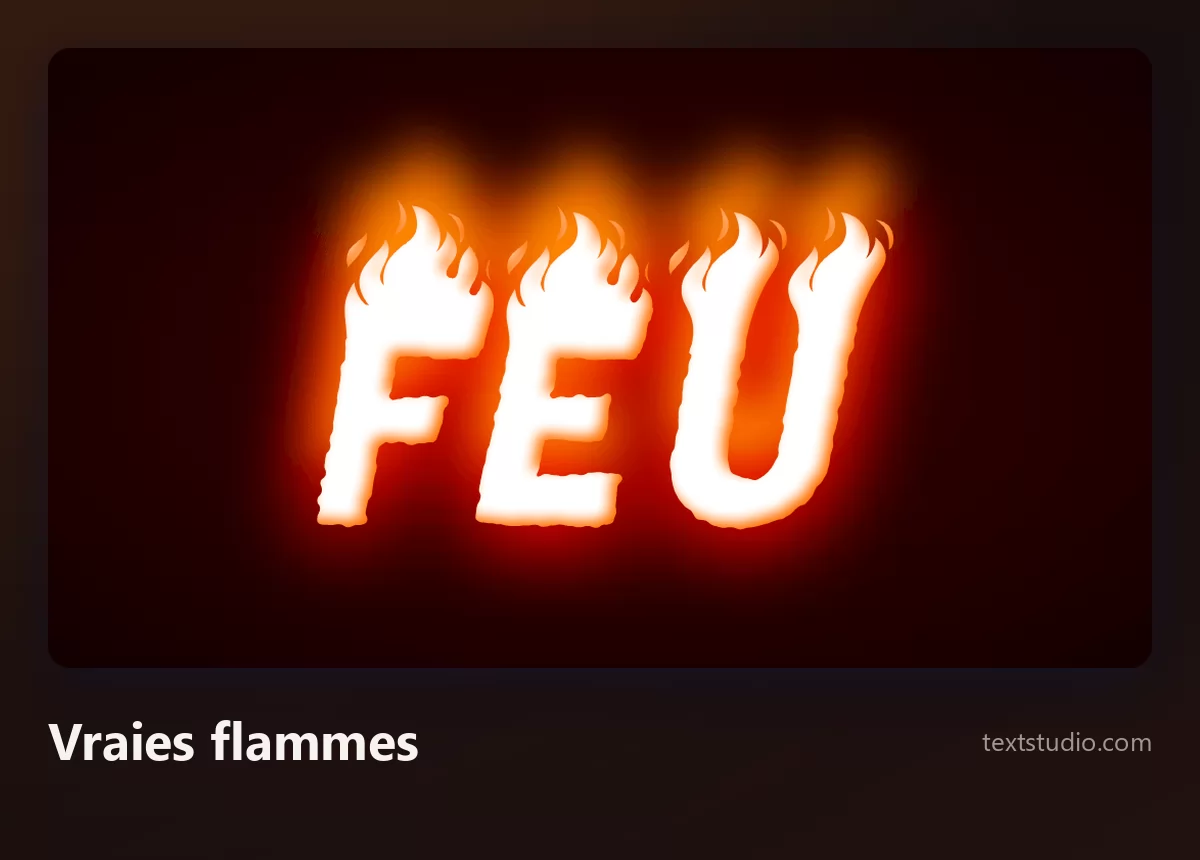 Le mot Feu en lettres blanches avec des flammes orange réalistes qui montent par-dessus et une douce lueur chaude qui se diffuse autour, sur fond sombre