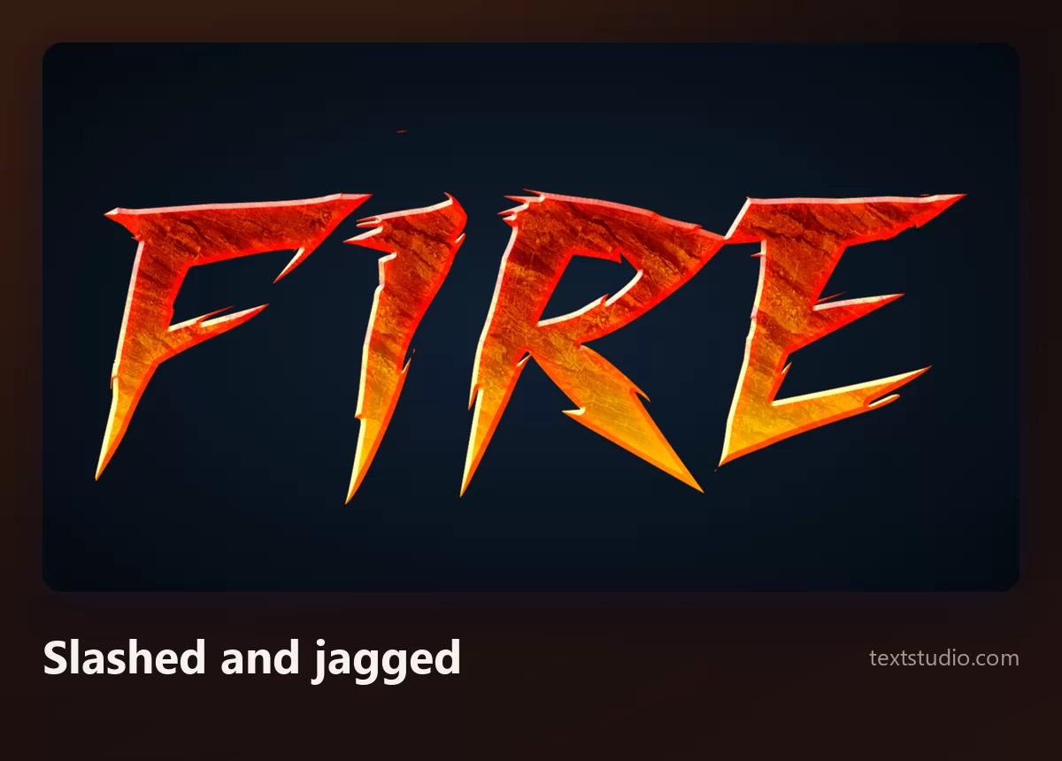 The word Fire in jagged torn letterforms with sharp shards and fire showing through the gaps, leaning forward aggressively