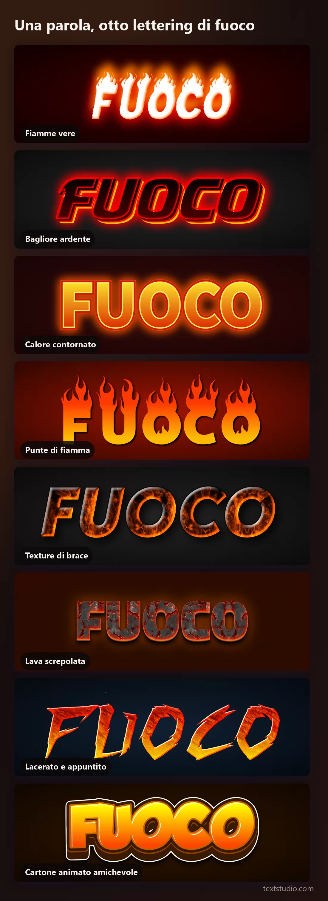 La stessa parola in otto stili di lettering infuocato impilati per il confronto, dalle fiamme realistiche al bagliore, al contorno, alle punte di fiamma, alla texture di brace, alla lava screpolata e alle schegge frastagliate fino al cartone animato amichevole