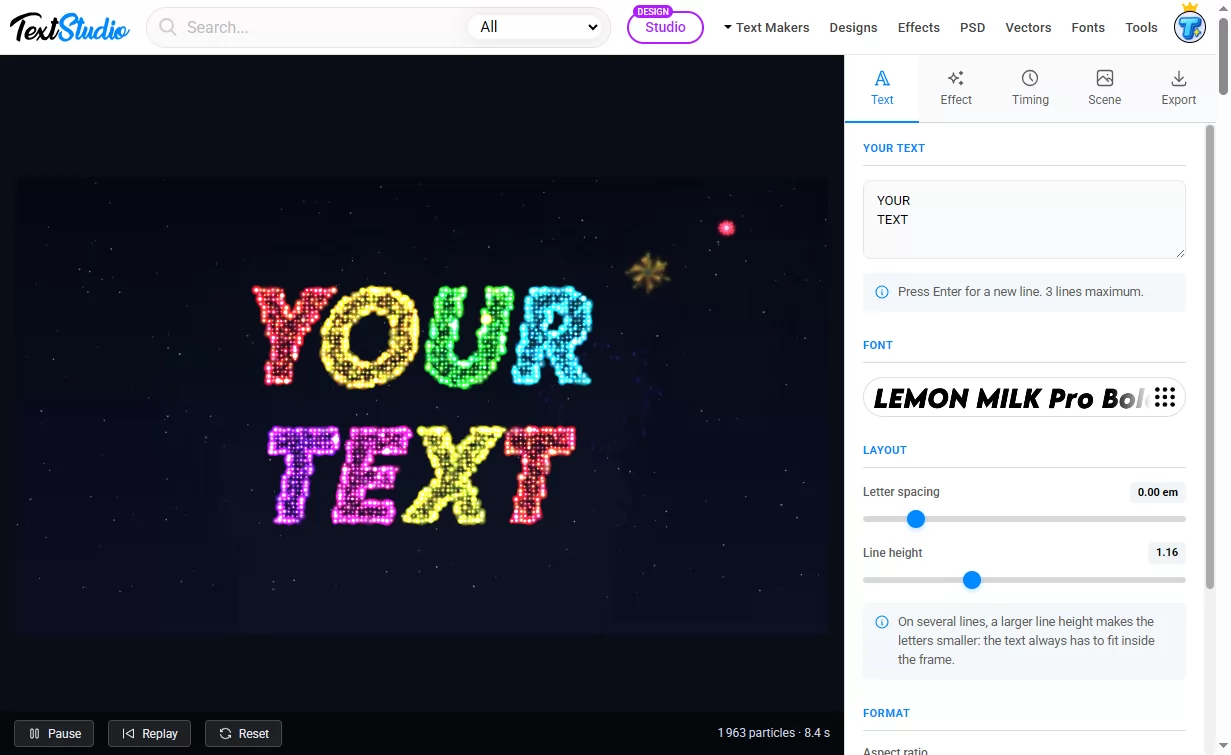 The fireworks text generator interface, with the text box, font picker, letter spacing and line height controls beside a live preview of animated fireworks letters