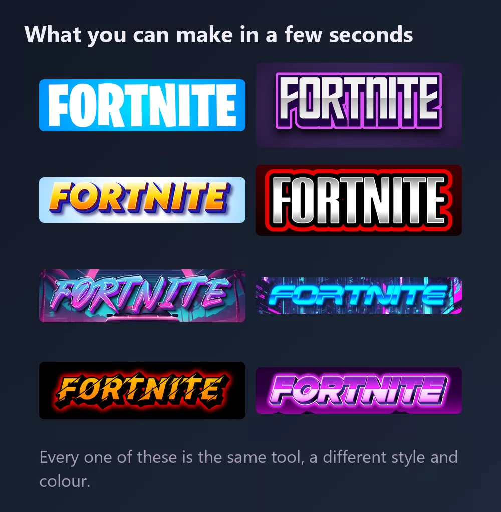 Eight versions of the word Fortnite in game lettering: white condensed capitals on blue, silver with a purple outline, orange gradient on pale blue, white on a red glow, pink synthwave, cyan neon on a city, orange lightning on black, and purple on a mountain skyline