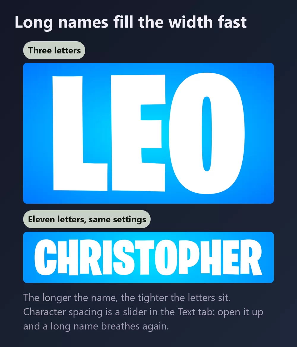 A three-letter name and an eleven-letter one in the same condensed capitals, the longer one visibly tighter