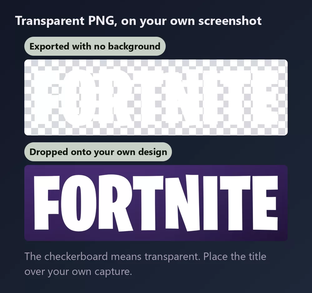 The same lettering shown twice, first on a checkerboard meaning a transparent background, then placed on a deep purple background