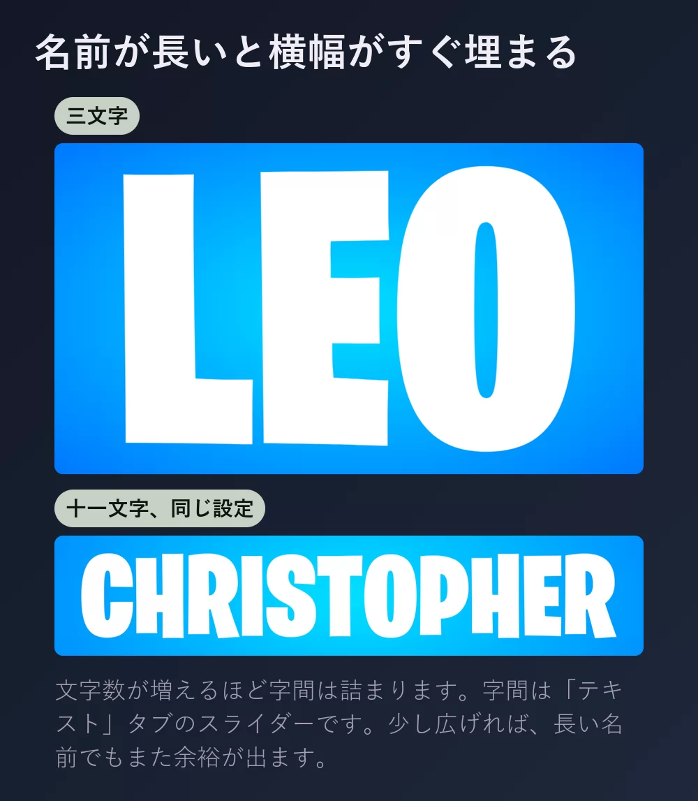三文字の名前と十一文字の名前を同じコンデンス大文字で並べたもの。長いほうが明らかに詰まっている