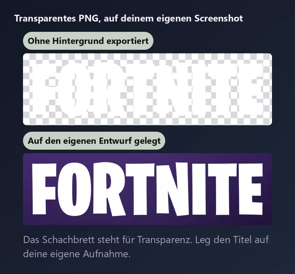 Derselbe Schriftzug zweimal gezeigt, zuerst auf einem Schachbrettmuster für transparenten Hintergrund, dann auf einem tiefvioletten Grund