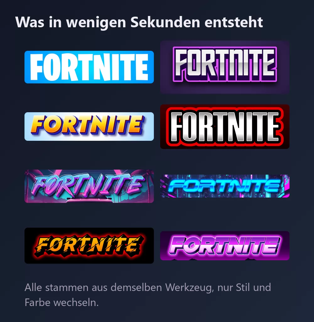 Acht Versionen des Wortes Fortnite in Spiel-Lettering: weiße schmale Versalien auf Blau, Silber mit violetter Kontur, oranger Verlauf auf Hellblau, Weiß auf rotem Leuchten, pinkes Synthwave, cyanfarbenes Neon über einer Stadt, orange Blitze auf Schwarz und Violett vor einer Bergsilhouette