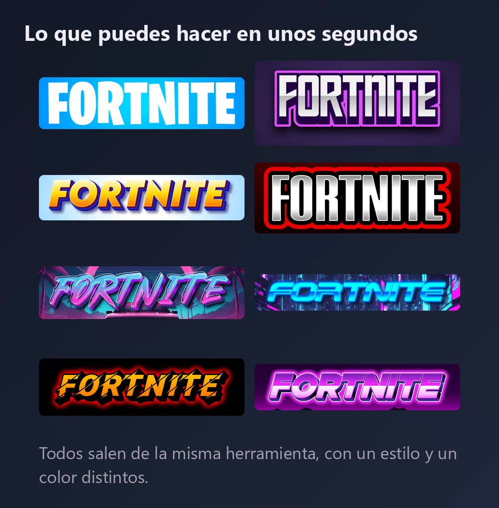 Ocho versiones de la palabra Fortnite en lettering de videojuego: mayúsculas condensadas blancas sobre azul, plateado con contorno morado, degradado naranja sobre azul claro, blanco sobre un resplandor rojo, rosa synthwave, neón cian sobre una ciudad, rayos naranjas sobre negro, y morado sobre una línea de montañas